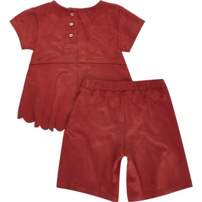 Mini girls red faux suede top culottes outfit